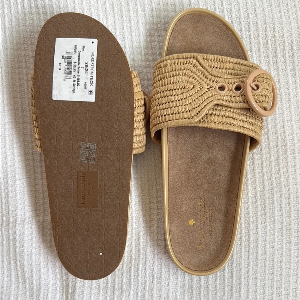 kate spade Tan Raffia Slide Sandals with Buckle Detail
